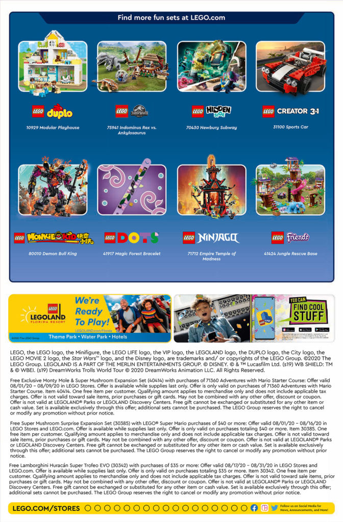 Brickfinder LEGO Brand Store Calendar August 2020 Promotions